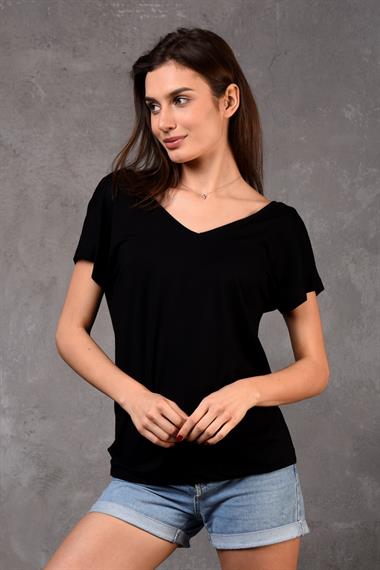 Kadın V Yaka Kısa Kol Düz Basic Siyah Tişört 