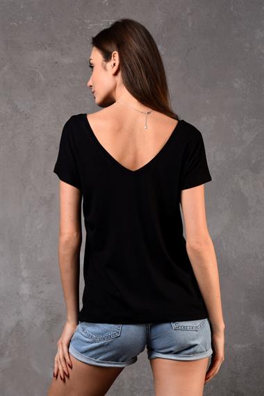 Kadın V Yaka Kısa Kol Düz Basic Siyah Tişört 