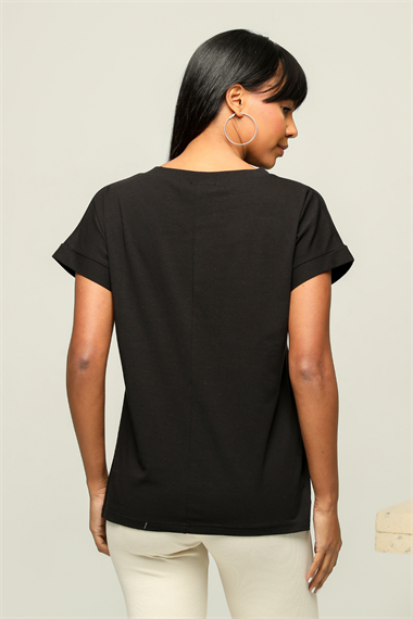Kadın V Yaka Kısa Kol Düz Basic Siyah Tişört