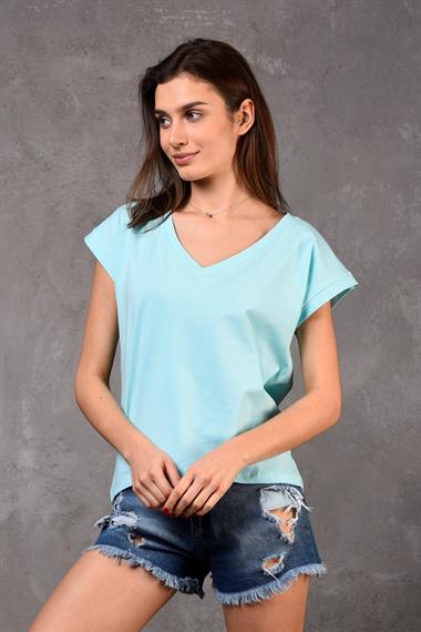 Kadın V Yaka Kısa Kol Düz Basic Turkuaz Tişört 
