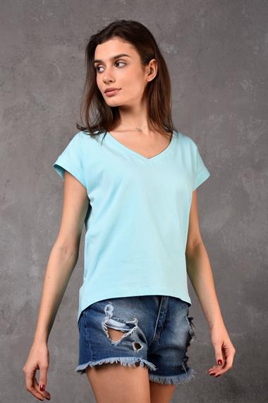Kadın V Yaka Kısa Kol Düz Basic Turkuaz Tişört 