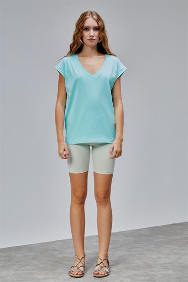 Kadın V Yaka Kısa Kol Düz Basic Turkuaz Tişört