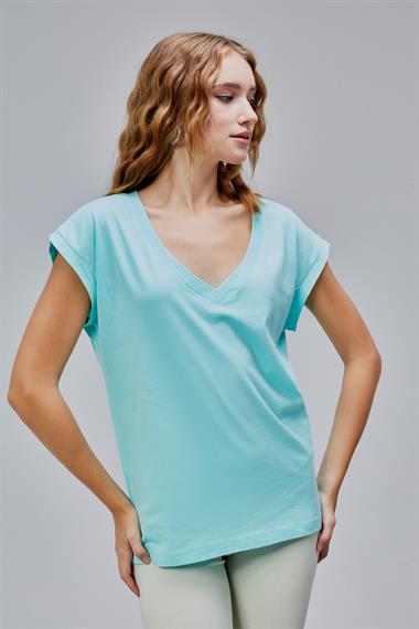Kadın V Yaka Kısa Kol Düz Basic Turkuaz Tişört