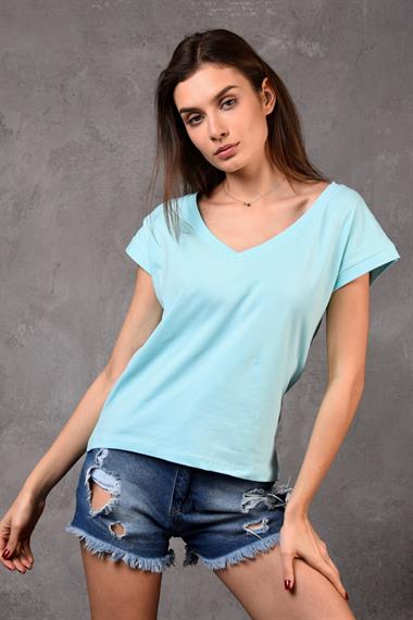 Kadın V Yaka Kısa Kol Düz Basic Turkuaz Tişört 