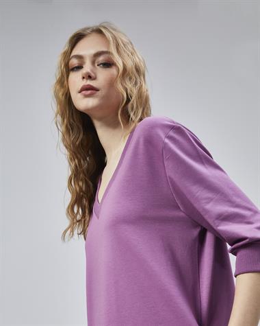 Kadın V Yaka Truvakar Kol Oversize Lila Elbise 
