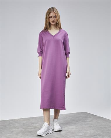 Kadın V Yaka Truvakar Kol Oversize Lila Elbise 