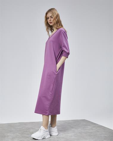 Kadın V Yaka Truvakar Kol Oversize Lila Elbise 