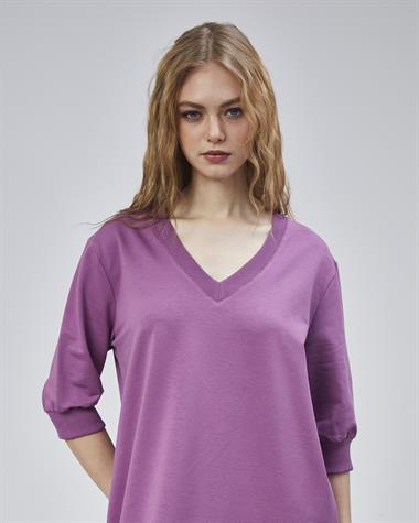 Kadın V Yaka Truvakar Kol Oversize Lila Elbise 
