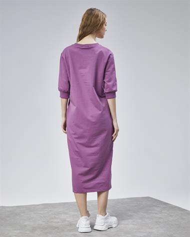 Kadın V Yaka Truvakar Kol Oversize Lila Elbise 