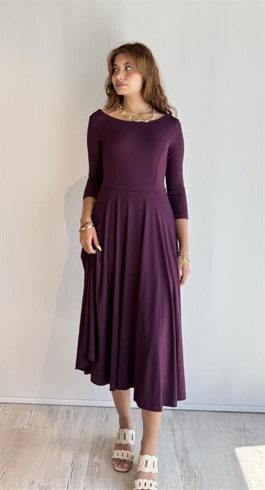 Kadın Viscon Kumaş Sırt Detaylı Truvakal Kol Midi Boy Elbise - Mürdüm 