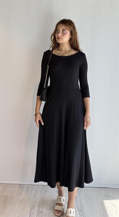 Kadın Viscon Kumaş Sırt Detaylı Truvakal Kol Midi Boy Elbise - Siyah