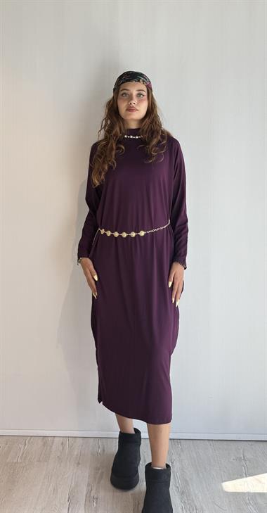 Kadın Yarım Balıkçı Yaka Uzun Kol Oversize Midi Boy Mürdüm Elbise 