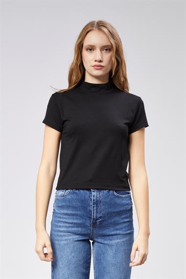 Kadın Yarım Balıkçı Yaka Viscon Kumaş Kısa Kollu Siyah Crop Bluz 