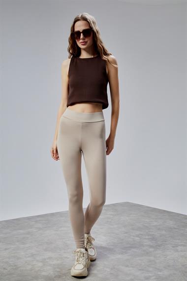Kadın Yüksek Bel Kalın Kemer Slim Fit Bej Tayt