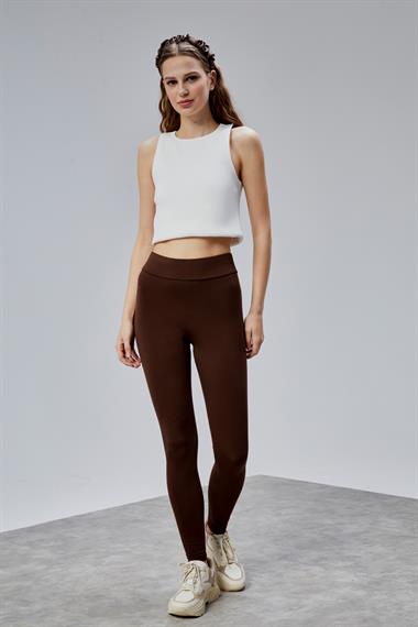 Kadın Yüksek Bel Kalın Kemer Slim Fit Kahverengi Tayt