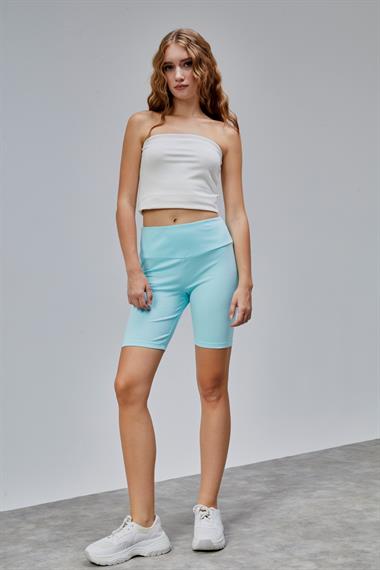 Kadın Yüksek Bel Toparlayıcı Slim Fit Kısa Mavi Şort Tayt