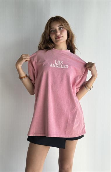 Kadın Yuvarlak Yaka Baskı Detaylı Kısa Kollu Oversize Pembe Tişört 