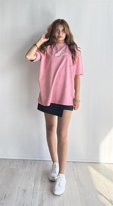 Kadın Yuvarlak Yaka Baskı Detaylı Kısa Kollu Oversize Pembe Tişört 