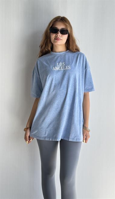 Kadın Yuvarlak Yaka Baskı Detaylı Kısa Kollu Oversize Mavi Tişört 