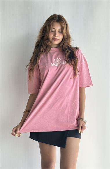Kadın Yuvarlak Yaka Baskı Detaylı Kısa Kollu Oversize Pembe Tişört 