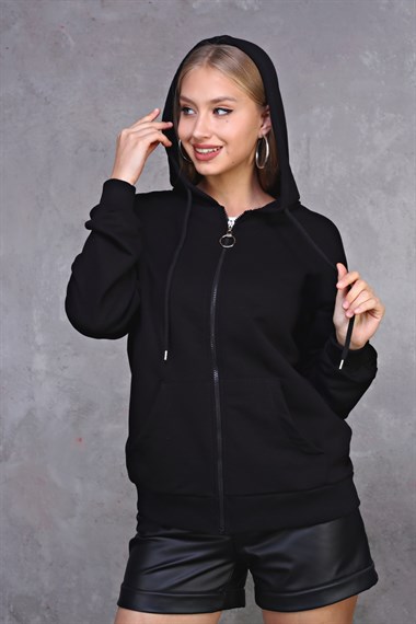 Kadın Kapüşonlu Fermuarlı Cep Detaylı Oversize Hırka Sweatshirt 