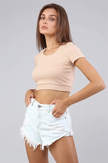 Kadın Bisiklet Yaka Vücuda Oturan Fitilli Esnek Crop Top Tişört