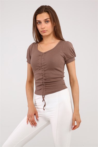 Kadın V Yaka Ayarlanabilir İpli Fitilli Slim Fit  Crop Top Tişört