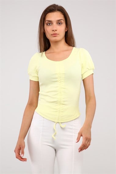 Kadın V Yaka Ayarlanabilir İpli Fitilli Slim Fit  Crop Top Tişört