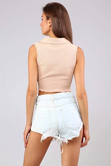 Kadın Pola Yaka Sıfır Kol Crop Top Bluz 