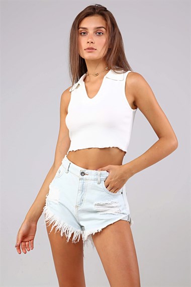 Kadın Pola Yaka Sıfır Kol Crop Top Bluz 