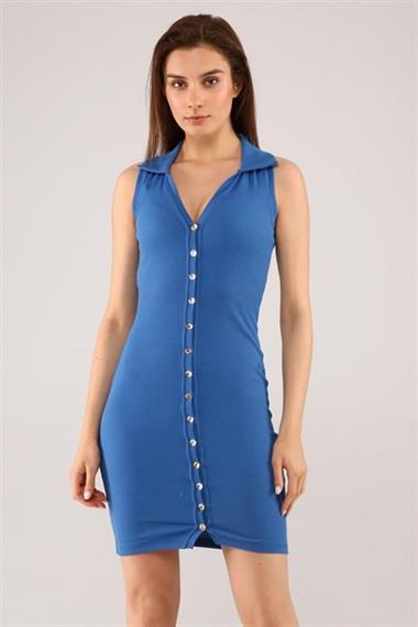 Kadın Gömlek Yaka Boydan Düğmeli Mini Mavi Elbise 