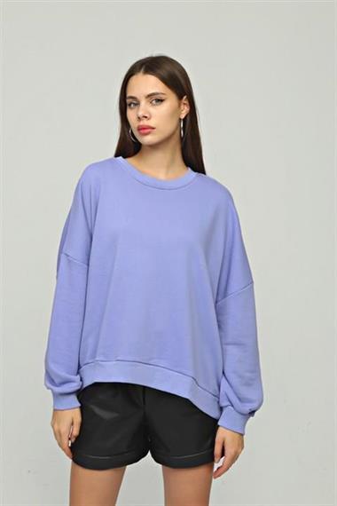 Kadın Bisiklet Yaka Üç İplikli Uzun Kollu  Oversize Basic Mor Sweatshirt 