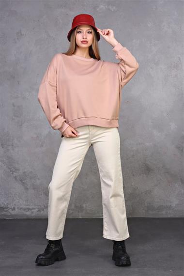 Kadın Bisiklet Yaka Üç İplikli Uzun Kollu  Oversize Basic Pudra Sweatshirt 