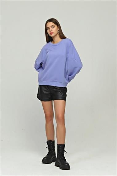 Kadın Bisiklet Yaka Üç İplikli Uzun Kollu  Oversize Basic Mor Sweatshirt 