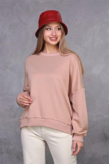 Kadın Bisiklet Yaka Üç İplikli Uzun Kollu  Oversize Basic Pudra Sweatshirt 