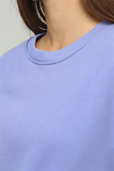 Kadın Bisiklet Yaka Üç İplikli Uzun Kollu  Oversize Basic Mor Sweatshirt 