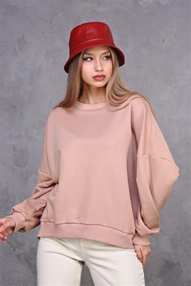 Kadın Bisiklet Yaka Üç İplikli Uzun Kollu  Oversize Basic Pudra Sweatshirt 