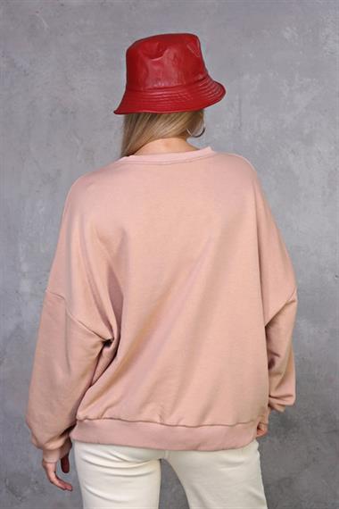 Kadın Bisiklet Yaka Üç İplikli Uzun Kollu  Oversize Basic Pudra Sweatshirt 