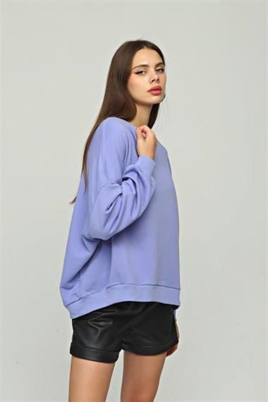 Kadın Bisiklet Yaka Üç İplikli Uzun Kollu  Oversize Basic Mor Sweatshirt 
