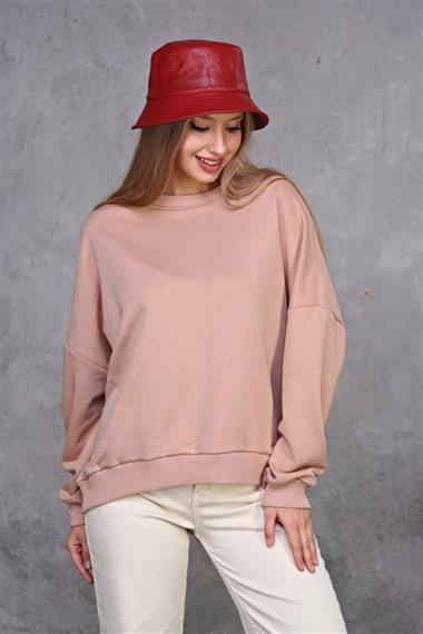 Kadın Bisiklet Yaka Üç İplikli Uzun Kollu  Oversize Basic Pudra Sweatshirt 