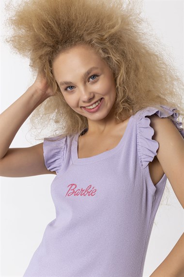 Kadın Bisiklet Yaka Barbie Baskılı Kolu Fırfırlı Bluz Tişört 