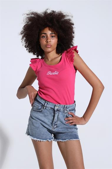 Kadın Bisiklet Yaka Barbie Baskılı Kolu Fırfırlı Bluz Tişört 