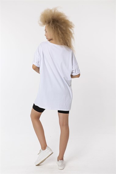 Kadın Bisiklet Yaka Baskılı Kısa Kollu Oversize Tişört 