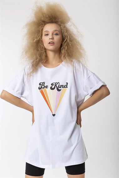 Kadın Bisiklet Yaka Baskılı Kısa Kollu Oversize Tişört 