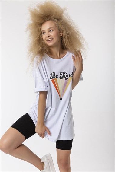 Kadın Bisiklet Yaka Baskılı Kısa Kollu Oversize Tişört 