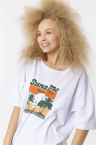 Kadın Bisiklet Yaka Baskılı Kısa Kollu Oversize Tişört 