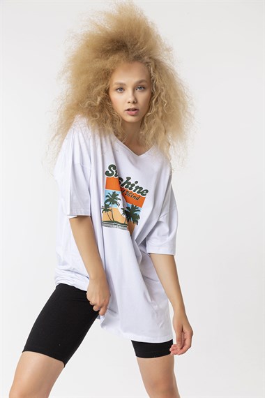 Kadın Bisiklet Yaka Baskılı Kısa Kollu Oversize Tişört 