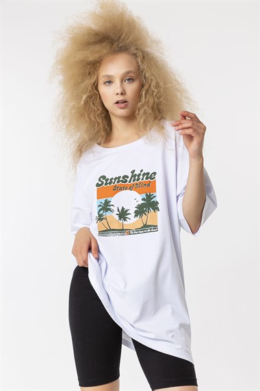 Kadın Bisiklet Yaka Baskılı Kısa Kollu Oversize Tişört 