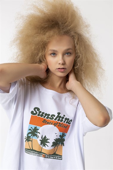 Kadın Bisiklet Yaka Baskılı Kısa Kollu Oversize Tişört 