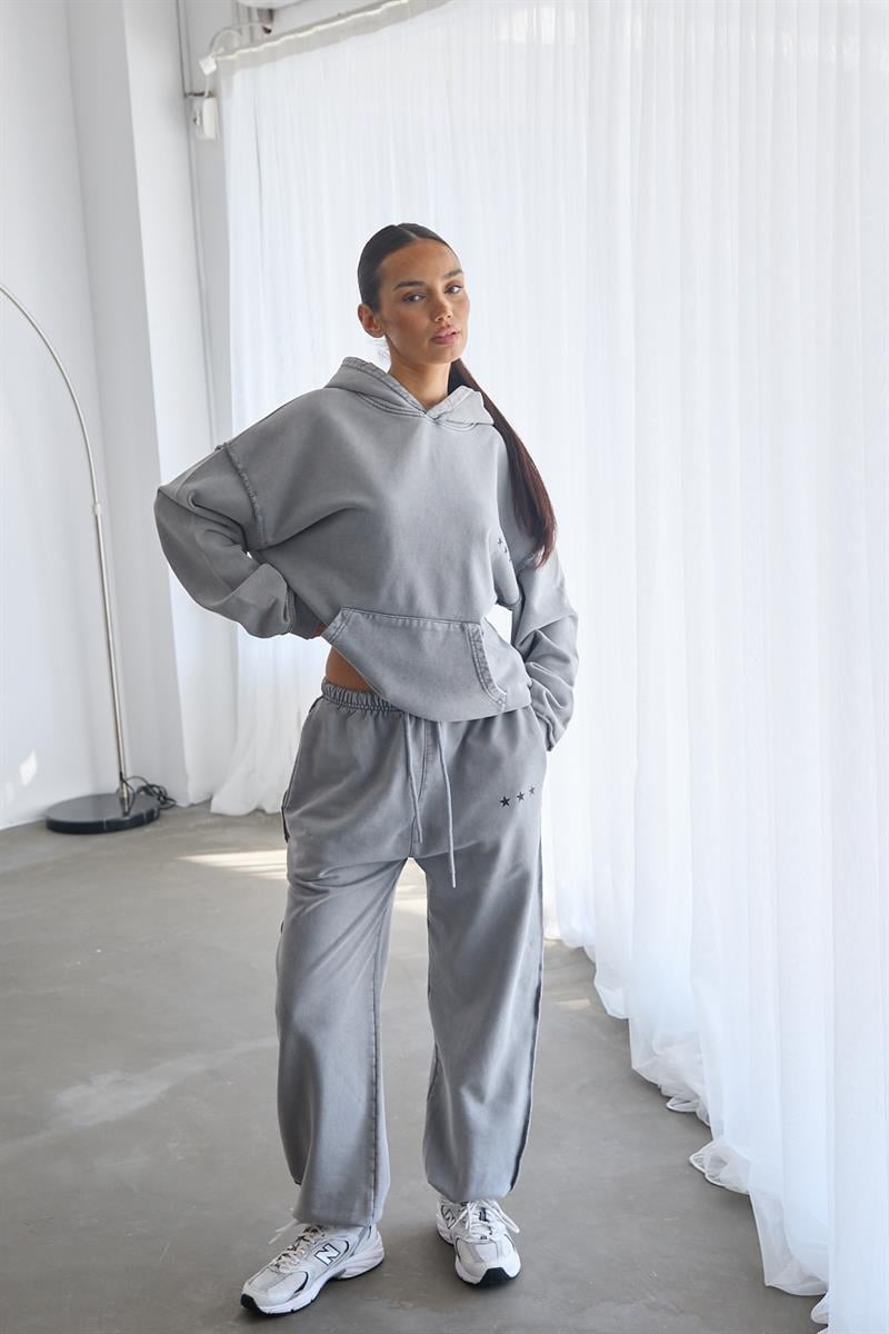 Gri Star Hoodie Sweatshirt Ve Jogger Takım